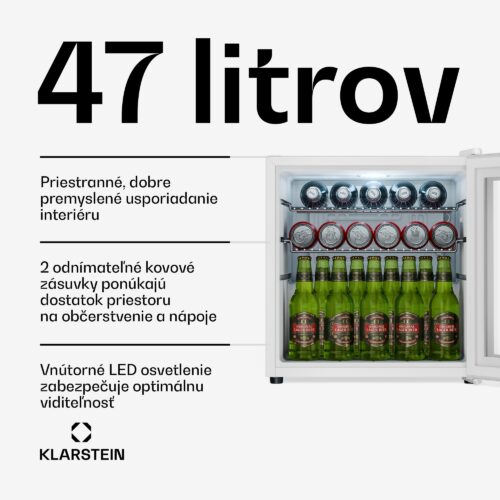 Klarstein Beersafe chladnička na nápoje so zrkadlovými sklenenými dverami | 44 x 48 cm | 85 W | 47 litrov | Biela – Obrázok 2