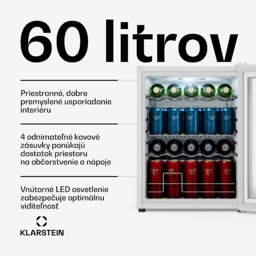 Klarstein Beersafe chladnička na nápoje so zrkadlovými sklenenými dverami | 64 x 48 cm | 85 W | 60 litrov | Biela – Obrázok 2