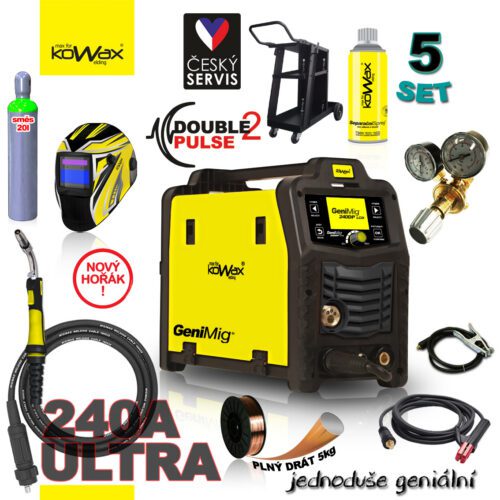 KOWAX GeniMig240DP LCD + Horák + Kukla + Ventil + Podvozok + plná Mix Fľaša 20l + Sprej + 5kg Drôt + Káble KWXSTGM240DP_S05A