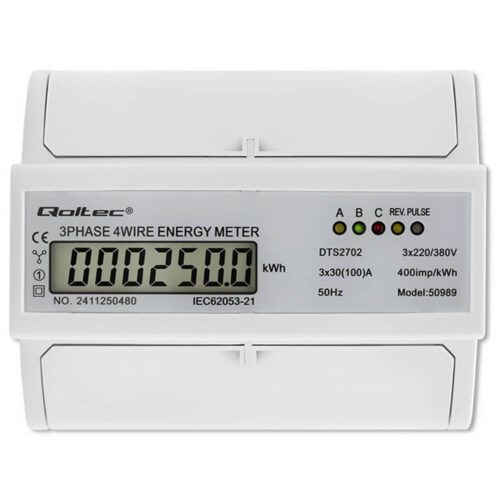 Qoltec 3-fázový merač spotreby energie 100A LCD DIN lišta – Obrázok 2