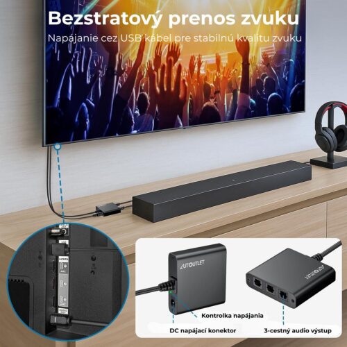 AUTOUTLET Toslink SPDIF optický rozbočovač 1x3 s USB napájaním – Obrázok 2
