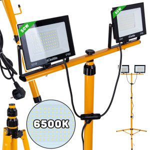 GEKO 2x50W LED svetlomet s teleskopickým konštrukčným stojanom a káblom - studená biela farba 6500K (1) K02053
