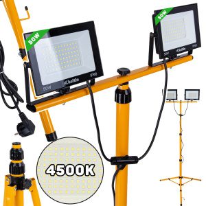 GEKO 2x50W LED svetlomet s teleskopickým stojanom a káblom - neutrálna biela farba 4500K (1) K02054